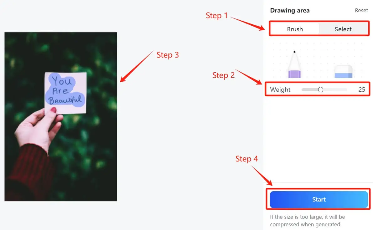 Interface showing how to select and erase unwanted text from a digital image.