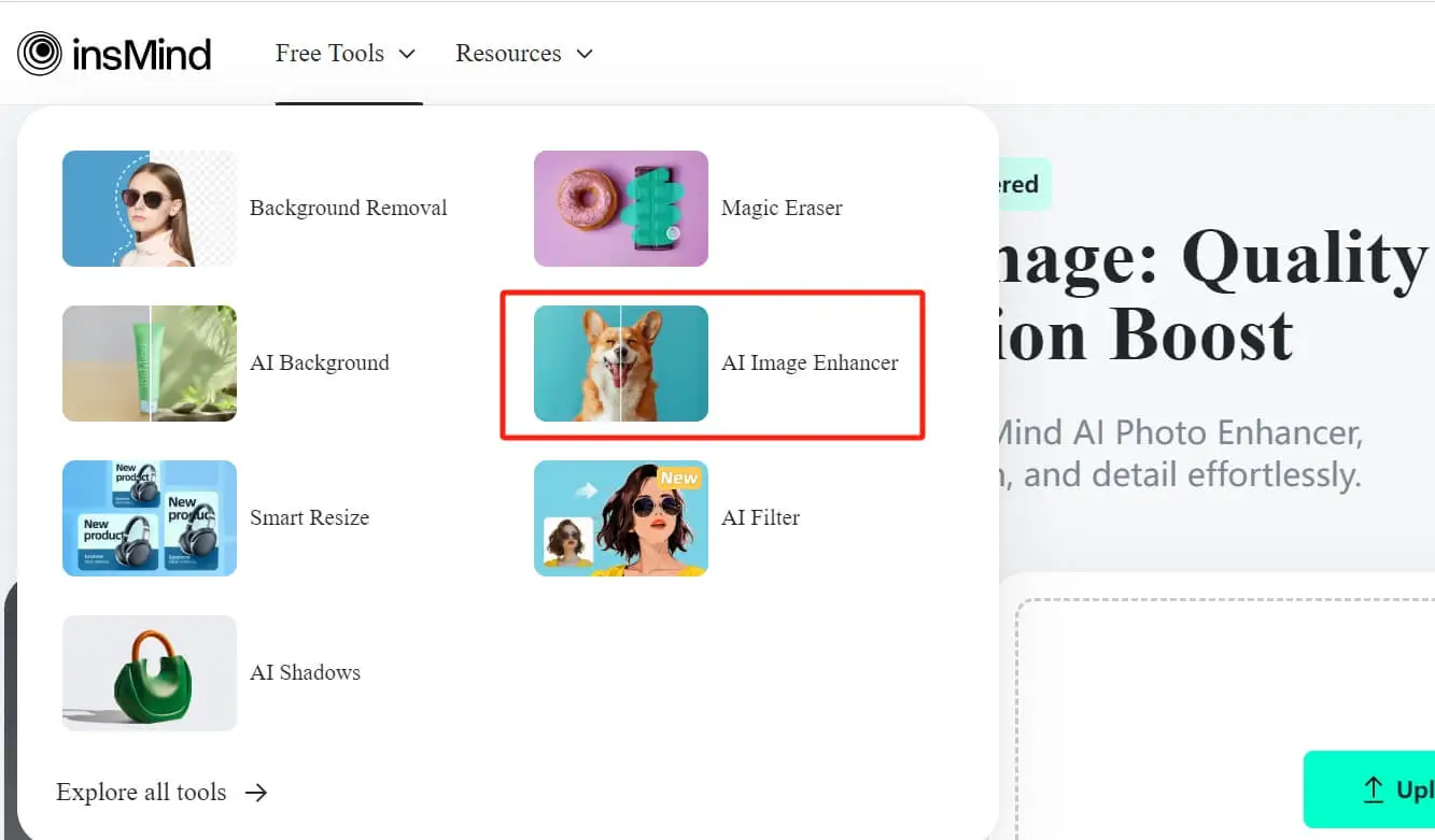 Screenshot showing how to access the AI Enhance Image Tool in the insMind interface