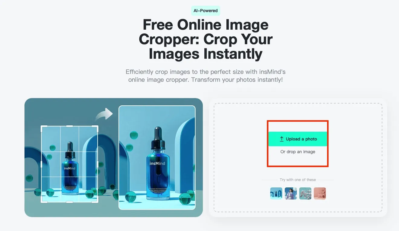 Screenshot showing the process of uploading a photo to the insMind AI Image Cropper.