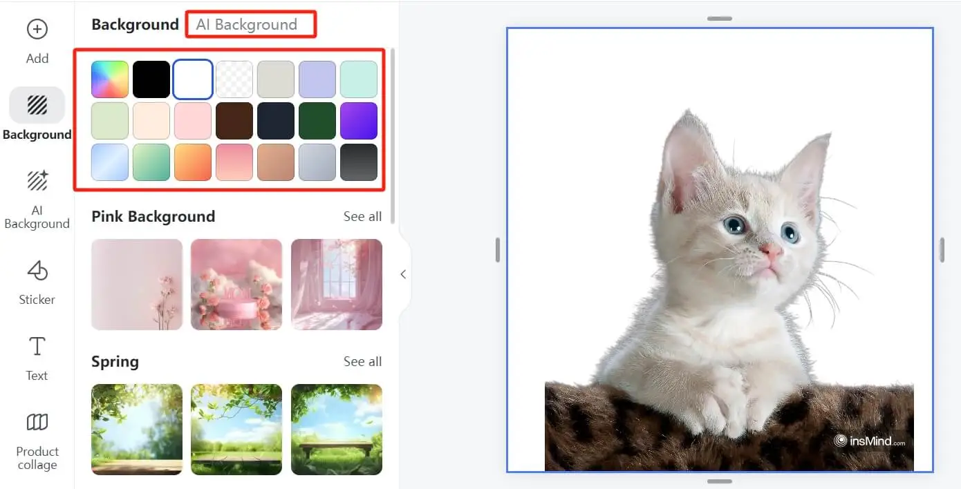 Screenshot showing the process of adding a background to an image using the insMind tool