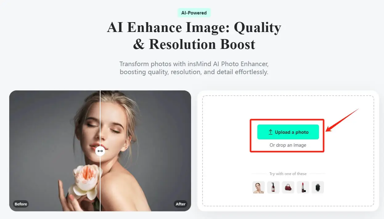 Screenshot demonstrating the process of uploading a photo for enhancement using the AI Image Enhance tool