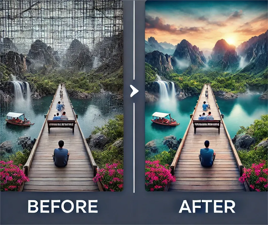 Screenshot demonstrating the enhancement of a landscape photo using advanced AI tools