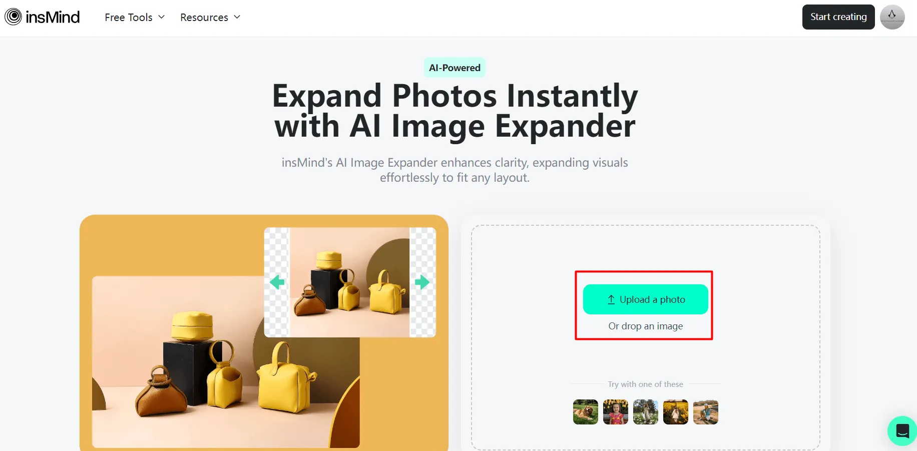 Screenshot demonstrating the process of uploading a photo for expand using the AI Image Expander tool