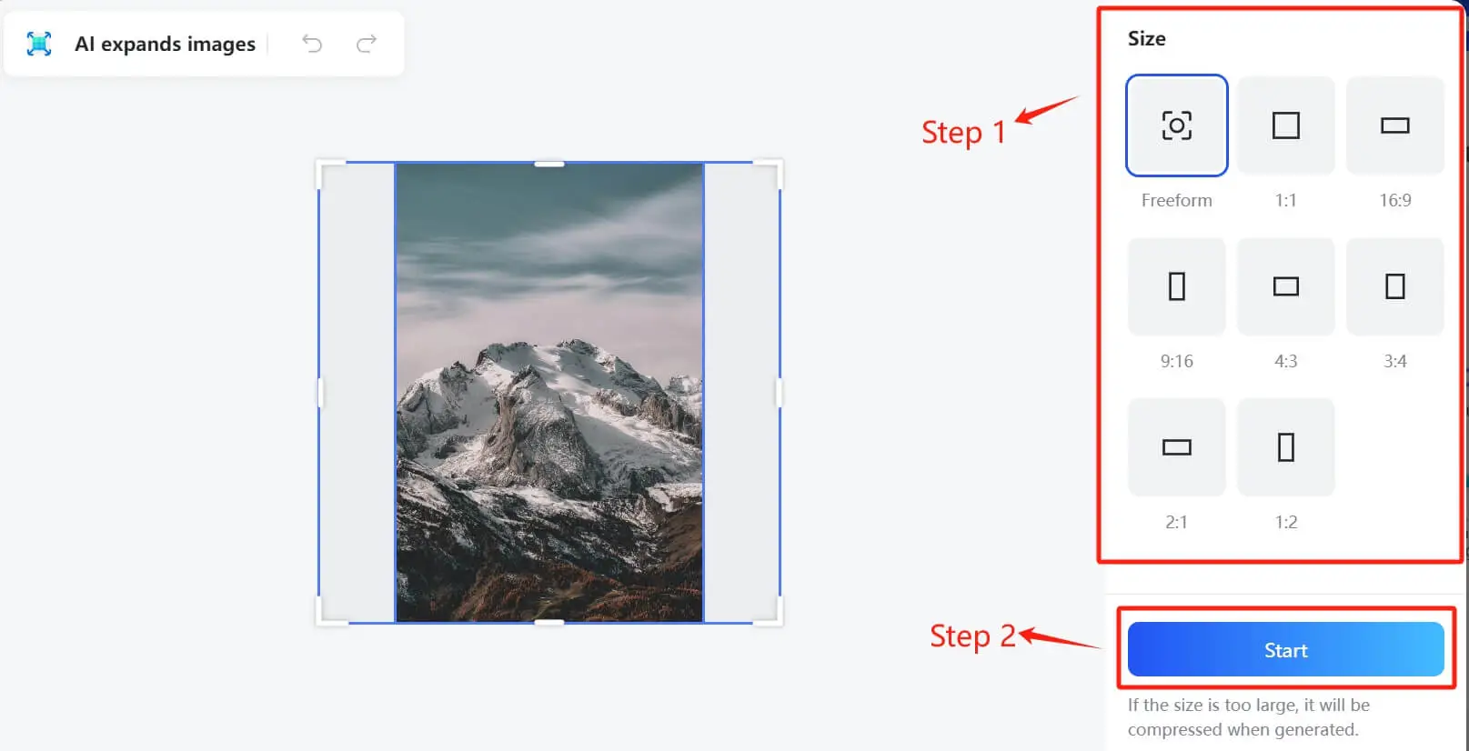 Screenshot demonstrating the process of expanding a photo using AI technology