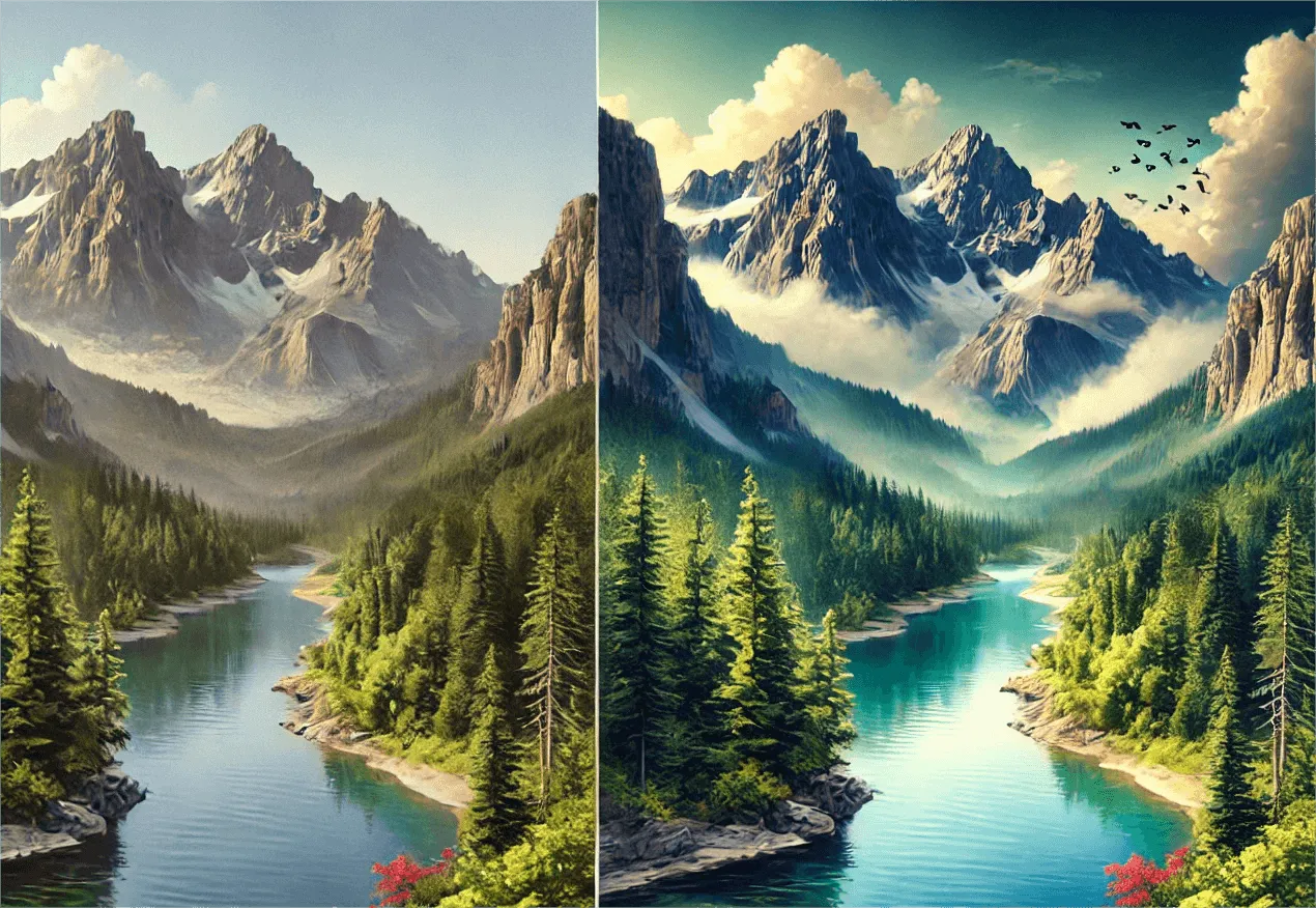 Side-by-side comparison of landscape photos before and after using the insMind AI Expander