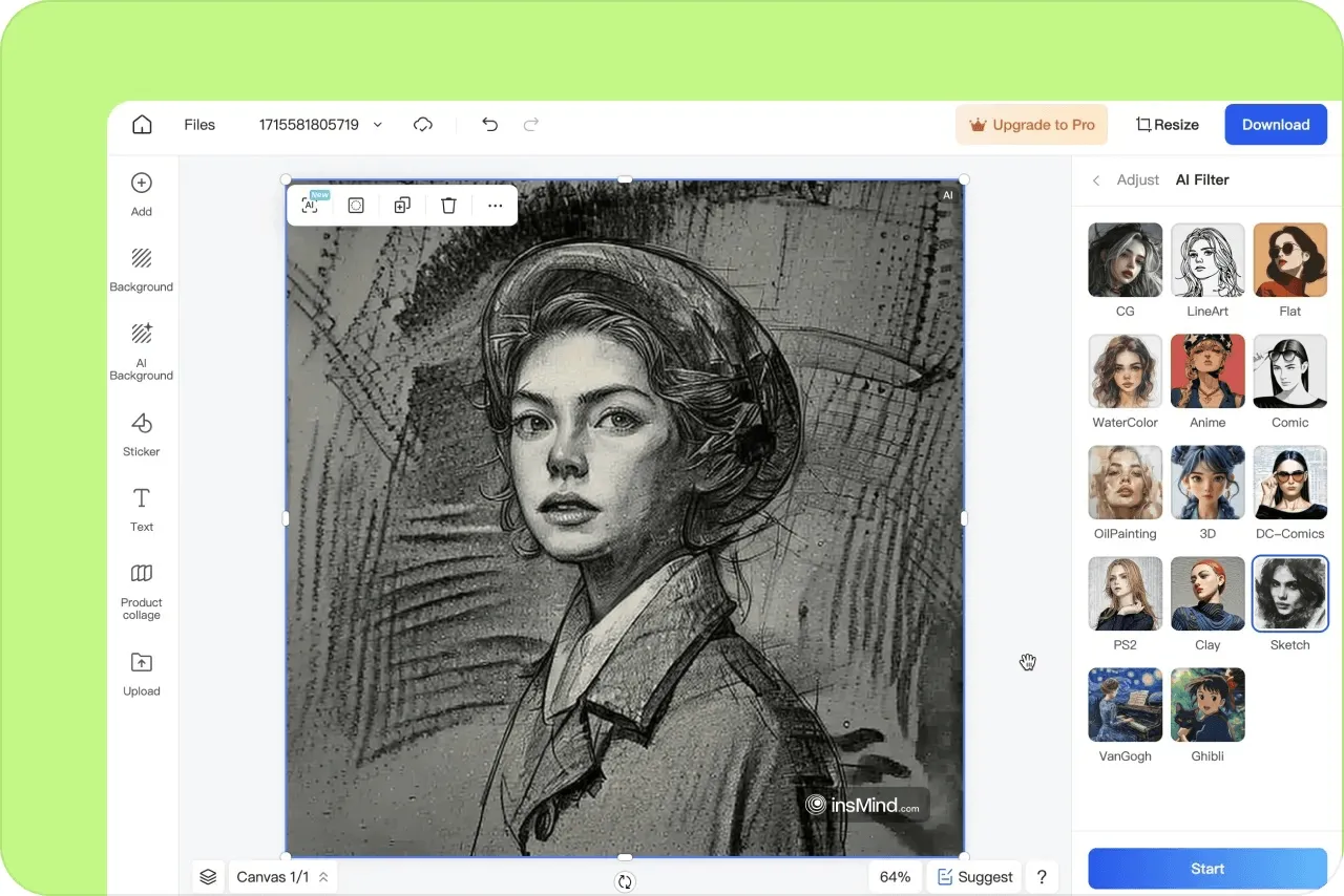 Screenshot showing the process of converting a photo to a sketch using the insMind tool