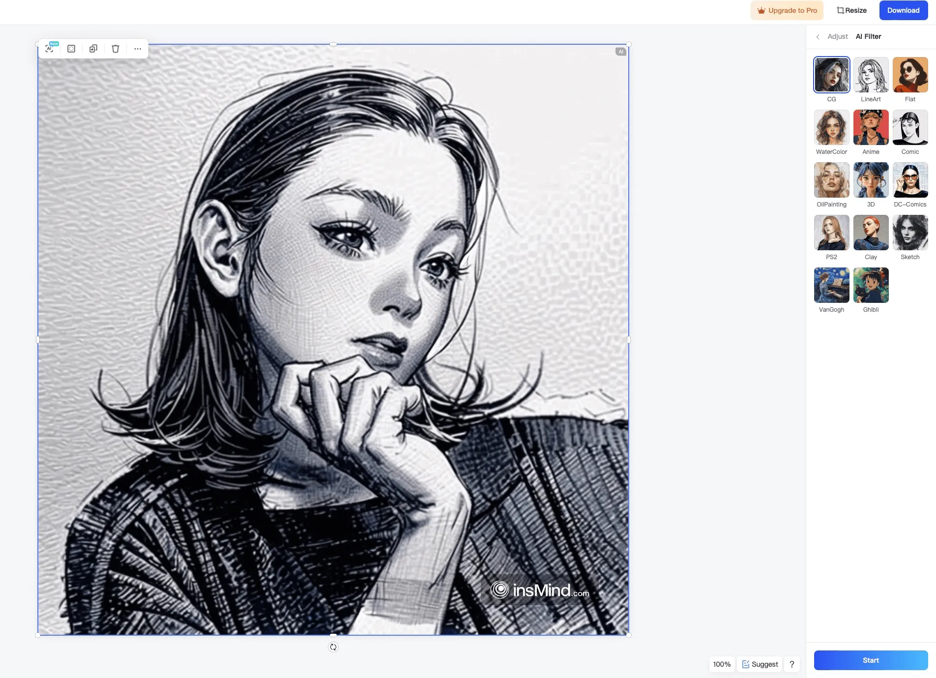 Screenshot showcasing the insMind tool's additional features beyond creating photo sketches