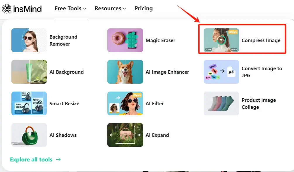 Screenshot showing how to access the Image Compression Tool in the insMind interface