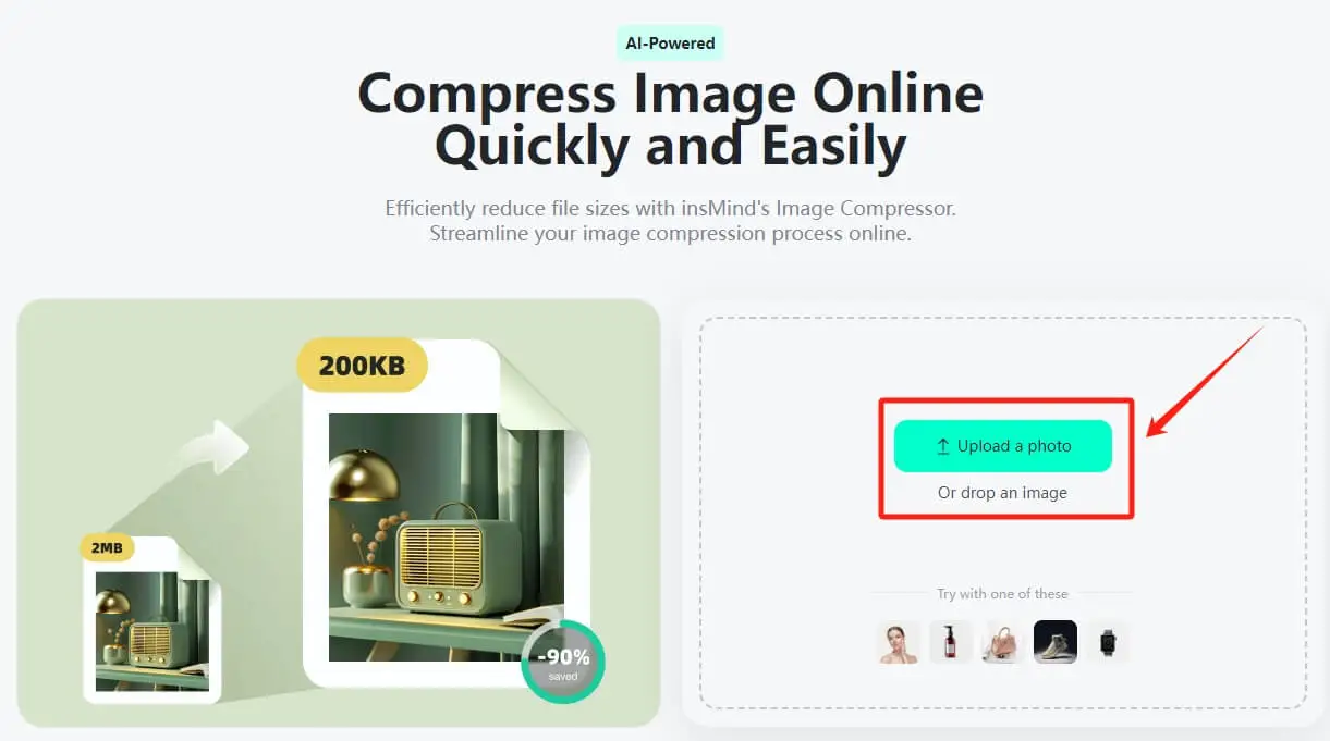 Screenshot demonstrating the process of uploading a photo to the Image Compression Tool in insMind