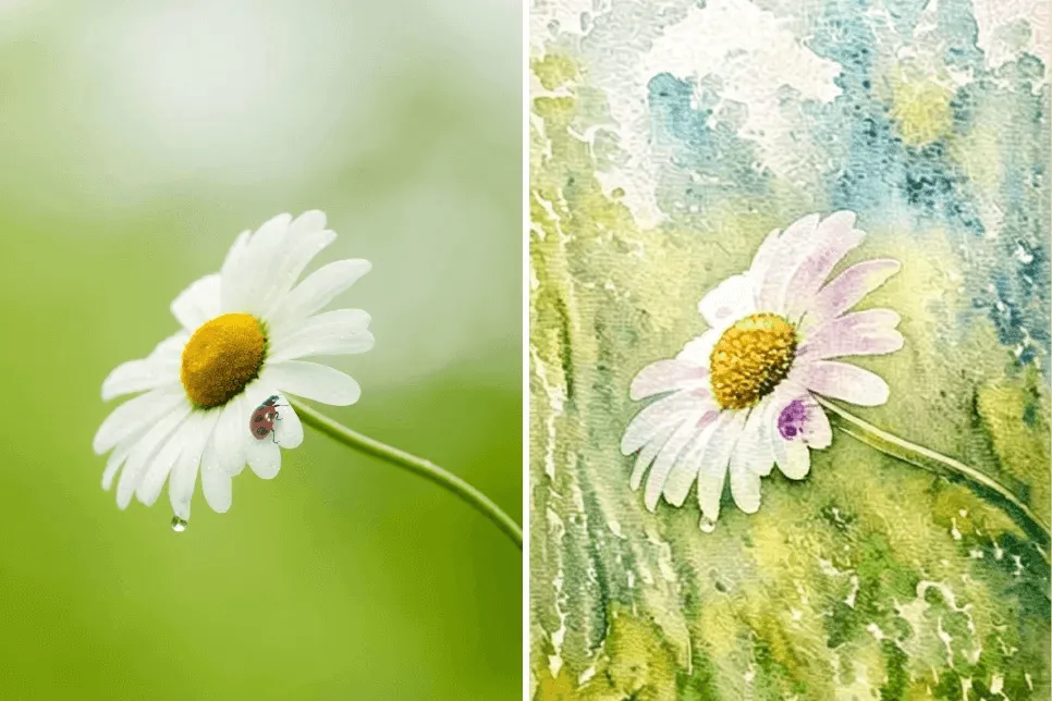 Visual representation of a photo transformed into a watercolor painting using insMind